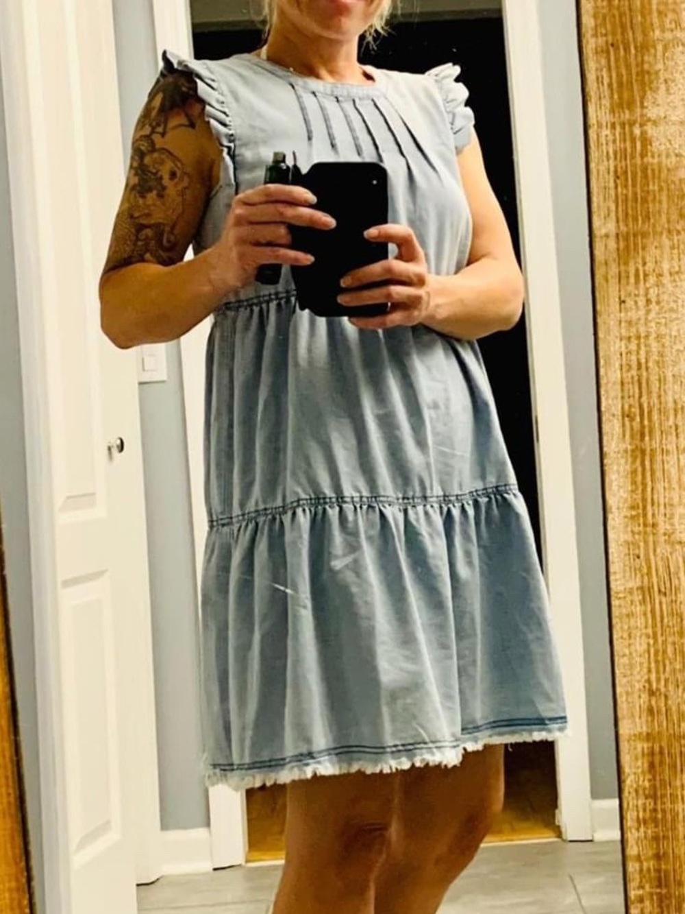eesome Light Blue Tiered Ruffle Denim Dress